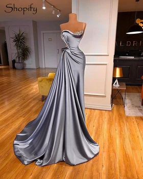 Timp De Argint Rochii De Seara 2020 Stil Sirena Elegant Fantă Mare Cu Margele Dubai Femei Din Africa De Satin Rochii Formale