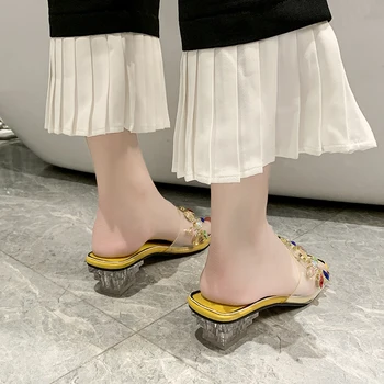 Transparent Mijlocul Tocuri Papuci De Sex Feminin Pantofi Colorate Stras Nou Pantofi De Vara Pentru Femei De Moda De Cristal Clar Cool Catâri Slide