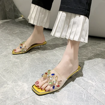 Transparent Mijlocul Tocuri Papuci De Sex Feminin Pantofi Colorate Stras Nou Pantofi De Vara Pentru Femei De Moda De Cristal Clar Cool Catâri Slide
