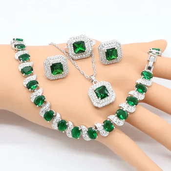 Verde Imitat Emeral Alb Cristal Zirconia de culoare Argintie Mireasa Seturi de Bijuterii Pentru Femei Pandantiv Colier Bratara Cercei Inele