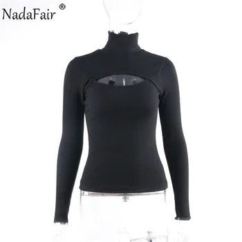 Nadafair Guler Slab Tricotate Tricouri Femeie Sexy Gol Afară De Toamna De Bază Topuri Cu Maneci Lungi Negru Biege Casual Slim Tricou