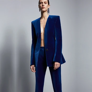 Royal Albastru Catifea Sacou+Pantaloni Formale Elegante, Pantaloni Costum Femei De Afaceri Costume Slim Fit Birou De Sex Feminin Uniformă 2 Bucata Set Personalizat