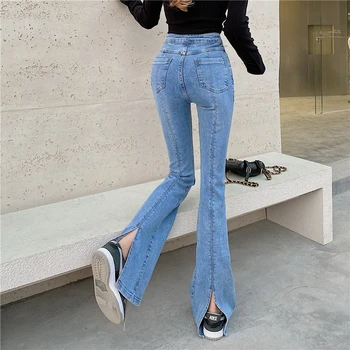 SHIJIA CHIC Split Blugi pentru Femei de Înaltă Talie Elastic coreeană de Moda Flare Jean de sex Feminin Denim Slim 2021 Pantaloni Skinny Mama Haine
