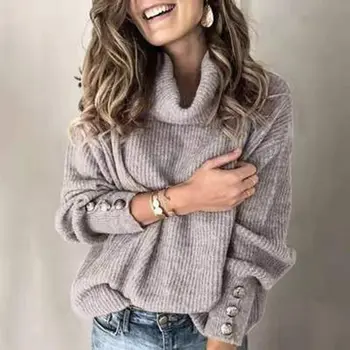 Femei Pulovere 2020 pentru Femei de Moda Pulover Guler Buton Mânecă Lungă Pierde Pulover Tricotate Bluze Pentru Femei 5XL