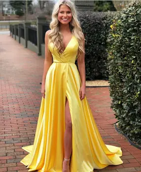 UZN Vânzare Fierbinte Narcisă galbenă a-Line Rochie de Bal Sexy Adânc V-Gât Rochie de Seara din Satin Fantă Mare Ciufulit Rochia de Bal
