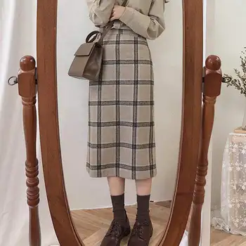 Iarna Primăvara Bază Fuste Femei a-Line Fusta Vintage Grila Model Carouri Fusta Talie Inalta Coreea Stil de Design de Haine 10514