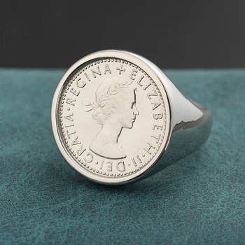 Real Argint 925 Vintage Cu Pecete Declarație Regina Elisabeta A Sixpence Noroc De Monede Suvenir Inele Pentru Barbati Femei