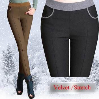 Femei de iarnă, cald pantaloni Plus dimensiune 4XL gros fleece doamnelor pantaloni creion Negru Khaiki elastic talie Pantaloni de Catifea 2020 Jambiere