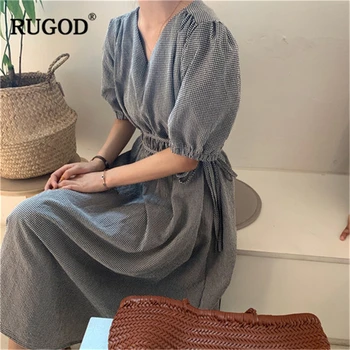 RUGOD 2020 New Sosire Femei Carouri Slim Rochie V-gât Umăr Cutat Cordon Vestidos Vintage Moda Temperament coreeană