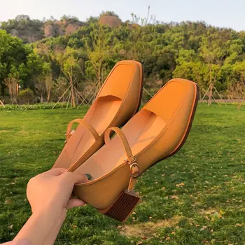 Femei Primavara-Vara din Piele Pompe de Deget de la picior Pătrat se Căsătorească cu Blugi Pantofi Med Toc Pătrat Cataramă Pantofi de Piele Superficial Sandale 5 cm