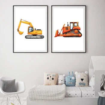 Masini de constructii Acuarelă Arta Panza Pictura Decor Camera pentru Copii dumper Excavator Buldozer Postere si Printuri Băieți Cadou
