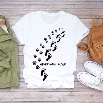 Femei T-shirt Pisică Câine Laba never Walk Alone Animale Desene animate de Imprimare Doamnelor Lady Femei Graphic Top T Cămașă Femei Tee T-Shirt