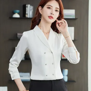 Toamna Noua Moda Temperament V Gatului Maneca Lunga Tricou Femei Design All-Meci Șifon Bluze Office Casual Ladies Blaturi De Lucru
