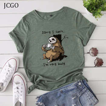JCGO Femei tricou de Vara cu Maneci Scurte din Bumbac Plus Dimensiune S-5XL Drăguț Leneș Leneș Print Amuzant Casual, O Gât de sex Feminin Tricou Tricouri Topuri