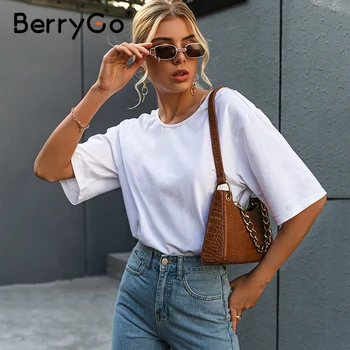 BerryGo Casual backless lanț alb pentru femei t-shirt Bumbac vrac gât rotund tricou femei moda High street top de vara tricou