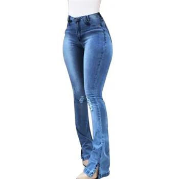 Femei Talie Mare Retro Flare Jeans Pantaloni Stretch Slim Bell Jos Pantaloni din Denim TY66