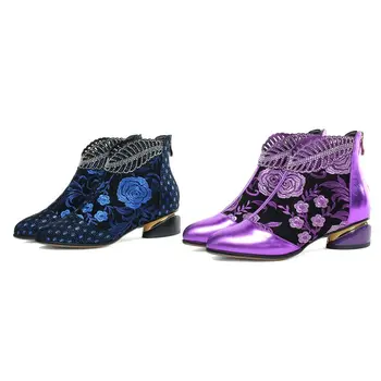 ZVQ Moda Pantofi pentru femei Genuine Piele de Vacă 4,5 cm Mijlocul Tocuri Glezna Cizme Stil Etnic, Model de Floare Violet Albastru Glezna Cizme