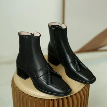 În 2020, cele mai Noi din Piele glezna Cizme de sex Feminin square Toe Tocuri Groase Pompe ciucure Doamnă Birou de Lucru Pantofi de Femeie