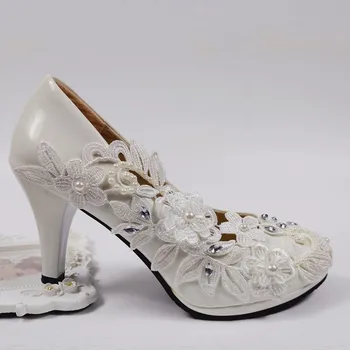 2020 Nou Sosiți Glezna Curea Dantelă-Up de Flori Perla de nunta pantofi cu toc pantofi cu toc Subtire rotund toe pantofi pentru femeie Pantofi de domnisoara de Onoare
