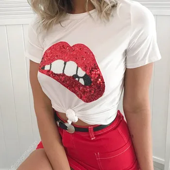 Noua moda de vara buzele rosii slim t-shirt de imprimare femei fata tricou bumbac îmbrăcăminte pentru femei maneci scurte tee