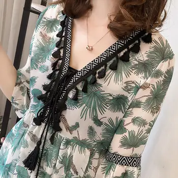Femei de Moda Boem Șifon Bluza Femei Ciucure Florale Imprimate Tricou Flare Sleeve V-neck Loose Topuri Plus Dimensiune Streetwear
