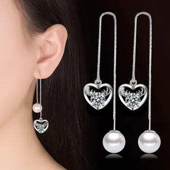 NEHZY Argint 925 Nou Femeie Moda Bijuterii Ureche Linie de Cristal Zircon Perla Ciucure Lung în formă de Inimă, Cap de Cerb Cercei