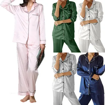 2 Bucata Toamna Pijamale Femei Faux din Satin Set de Pijama Maneca Lunga, Pijamale Pijamale Costum de sex Feminin Homewear pentru Femei