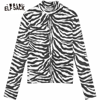 ELFSACK Zebra cu Dungi Casual Slim T-Shirt pentru femeie Îmbrăcăminte,2021 Iarna ELF Complet Maneca Doamnelor coreeană,Bază de zi cu Zi Grafic Topuri