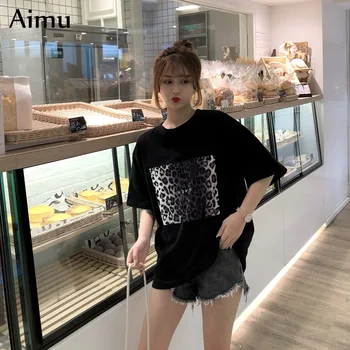 Harajuku Epocă leopard de imprimare T-shirt-uri de Moda supradimensionat Tricou O-gât cu mânecă Scurtă tricou negru teuri topuri de Îmbrăcăminte pentru Femei