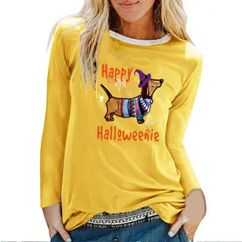 Halloween fericit Teckel Print cu Maneci Lungi T-shirt Femei Toamna Iarna Graphic Tee de Moda Alb Echipajul Gât Femei Top Femei