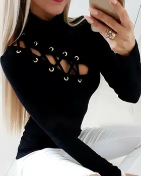 Femei Sexy Casual Gol Afară Slim Fit Casual Cu Maneci Lungi Gât Rotund Tricou Negru Solid Bluze Bluza