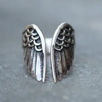 Aripă de înger Inel Europene și Americane Retro Argint Thai Vopsit Negru Aripă de Înger Deschiderea Ring Fata