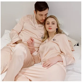 Cuplu De Mătase Pijama Cu Maneca Lunga Din Satin Pijamale Lounge Cupluri Seturi De Pijama Familie Pijama Iubitor Costum De Noapte
