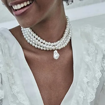 Noi Simplu Multistrat Simulat Perle Cravată Coliere Pentru Femei De Culoare De Aur Link-Ul De Chian Geometrice Neregulate Colier De Perle 2020