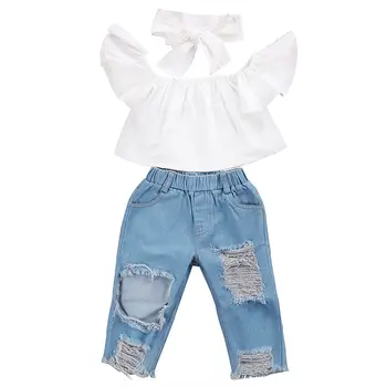 2020 Nou Brand Copil copil Copil Fata de Copii de Pe Umăr Topuri Pantaloni din Denim Blugi Haine Bentita 3Pcs Set de Haine de Moda 1-6Y