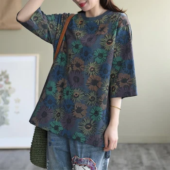 De Vară 2020 Nou Stil de Arte Femei Maneci Scurte Largi O-neck Tee Shirt Femme Topuri Print Vintage din Bumbac Tricou Casual S860