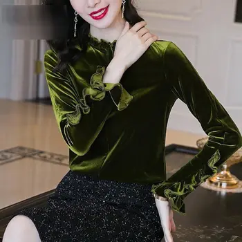 Femei De Primăvară Verde De Catifea, Camasi Cu Maneca Lunga Solide Office-Eleganta Doamnelor Munca Purta Bluze Plus Dimensiune
