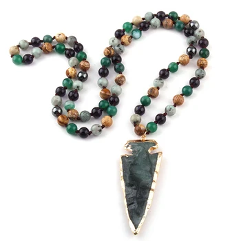 Moda Boem Tribale, Bijuterii Din Pietre Semipretioase Mult Înnodate Piatra Verde Arrowhead Pandantiv Coliere