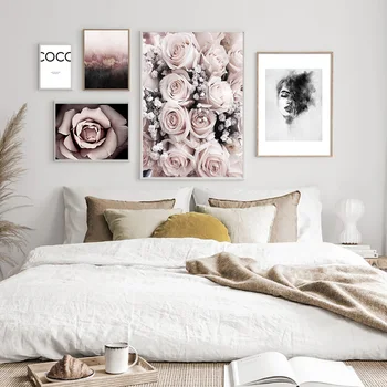 Floare Roz De Moda Alb-Negru Lady Poster Frumos Peisaj Imprimare Canvas Wall Art Imaginea Modernă Fată Cameră Decor Acasă