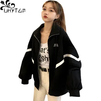 UHYTGF elev Nou strat de primăvară Supradimensionate liber jacheta femei maneci Liliac paltoane și jachete pentru femei cu Fermoar casual femeie îmbrăcăminte exterioară 427