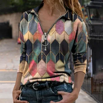 2021 Moda Femei cu Fermoar T-shirt Rever Personalizate Geometrice Regulate Print cu Fermoar Maneca Lunga Trend Sport Casual de Top Rece