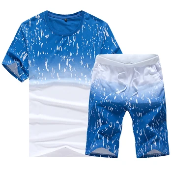 2019 Vara Barbati Sport , Stil de Moda pentru Bărbați Gât Rotund Gradient de Albastru și Alb cu mânecă Scurtă pentru Bărbați seturi