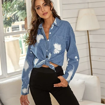 Moda Rever Tricouri Denim pentru Femei Cowboy Mâneci Lungi Bluza Haina Retro Streetwear Îmbrăcăminte