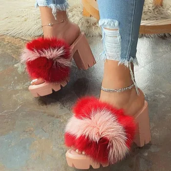 2020 Femei cu Blană Sandale de Doamnelor Pantofi de Pluș Drăguț Pufos Sandale fund gros de Blană Faux în aer liber, Papuci de casă, cald Cald Homewear