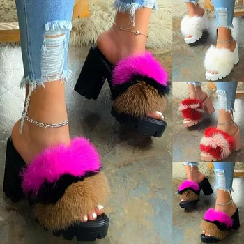 2020 Femei cu Blană Sandale de Doamnelor Pantofi de Pluș Drăguț Pufos Sandale fund gros de Blană Faux în aer liber, Papuci de casă, cald Cald Homewear