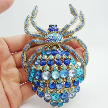 TTjewelry Unic Spider Animale De Halloween Ton De Aur Brosa Pandantiv Albastru Stras De Cristal