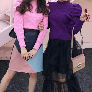 Puff Maneca Cultură Pulover Guler Roz Violet Pentru Femei Pulover Coreeană Stil Vintage Chic Blusa Termica Drăguț Blusa Tricot De Toamna