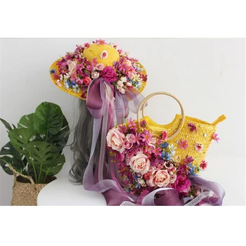 Plic Handmade femei flori sac de paie cu palarie de soare, vacanta, litoral, plaja geanta NOUA moda violet arc panglică femei țesute geantă de mână