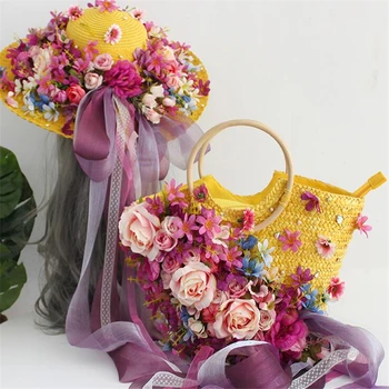 Plic Handmade femei flori sac de paie cu palarie de soare, vacanta, litoral, plaja geanta NOUA moda violet arc panglică femei țesute geantă de mână