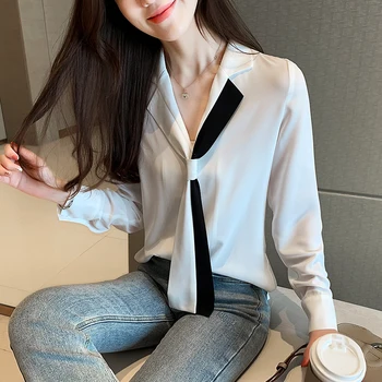 Moda Pentru Femei Topuri Si Bluze 2021 Doamnelor Topuri Cu Maneci Lungi Tricou Alb Solid Pentru Femei Topuri Șifon Bluza Arc V-Neck 6230 50